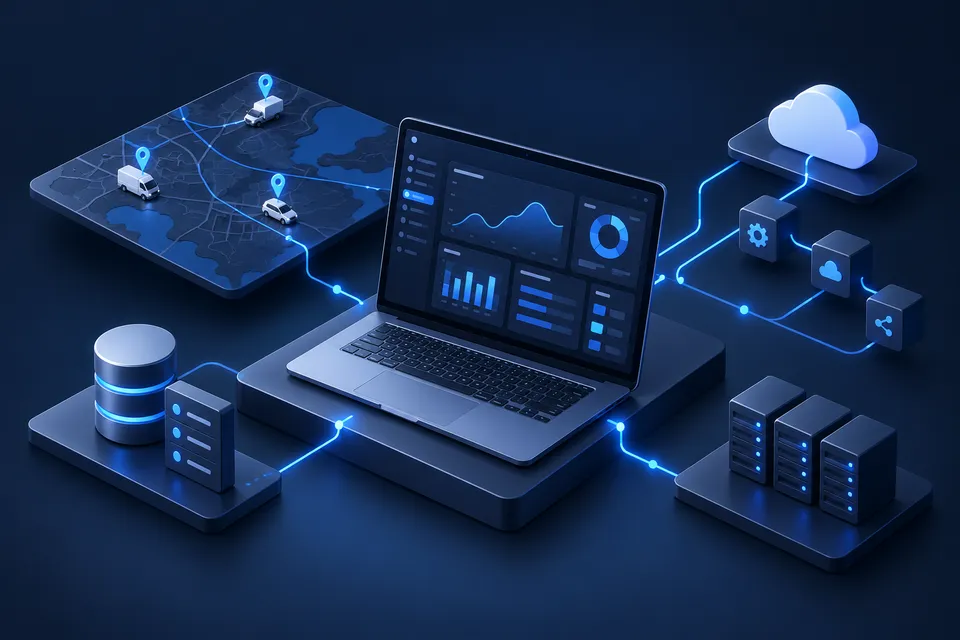 Connected software dashboard linking fleet tracking, business systems, and cloud infrastructure