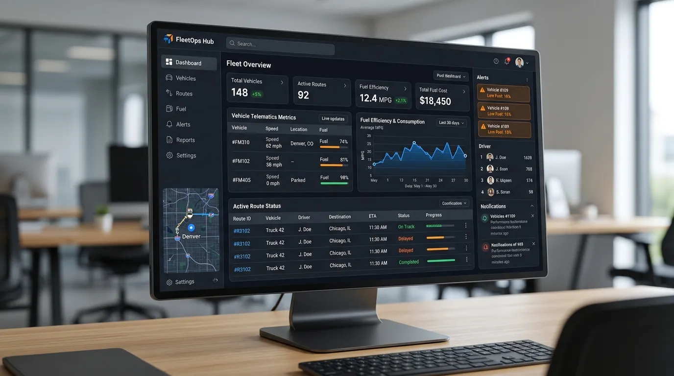 Navix Fleet desktop dashboard showing fuel efficiency graphs, route status, and vehicle metrics