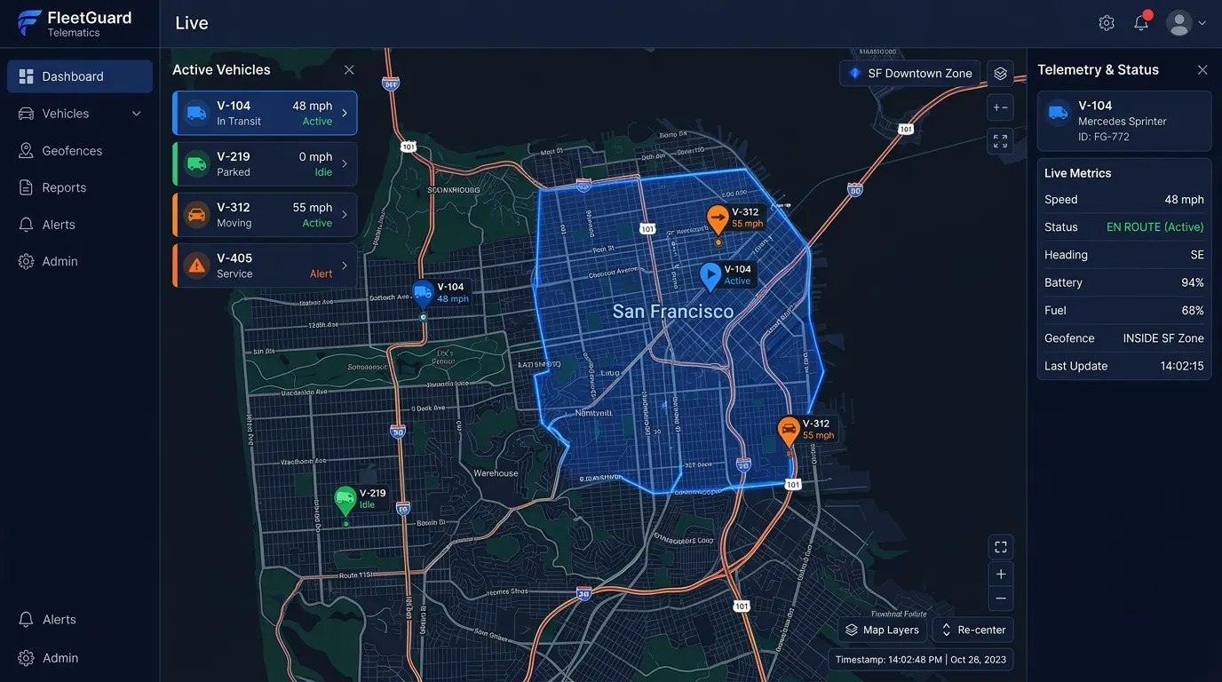 Navix Tracker live telematics map interface showing active vehicle markers, geofence polygons, and telemetry metrics