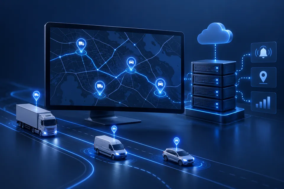 GPS fleet tracking map connected to monitoring servers and alerts
